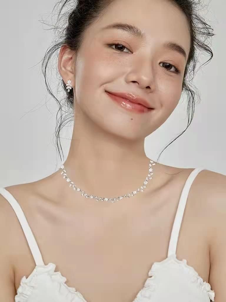 Austrian Crystal Rhinestone Choker Necklace Dangle Earring Link Bracelet Jewelry Set for Brides Bridesmaid Prom Costume Accessories for Women