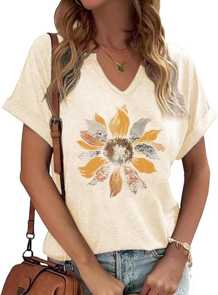 Womens Flowers V Neck Shirt Vintage Boho Floral Wildflowers Graphic Tees Casual Cottagecore Short Sleeve T Shirts
