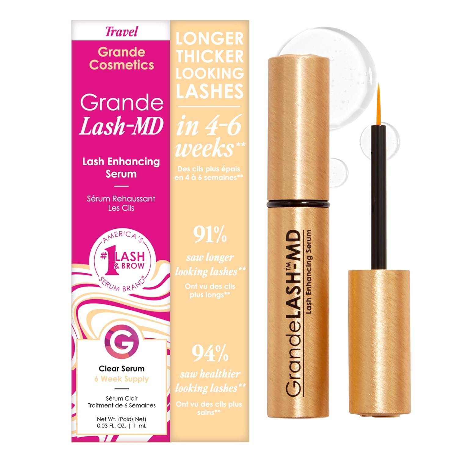 Grande Cosmetics GrandeLASH-MD Lash Enhancing Serum – Peptide & Vitamin Infused Formula for Longer, Thicker, Fuller Looking Lashes – Ophthalmologist Tested, Cruelty-Free