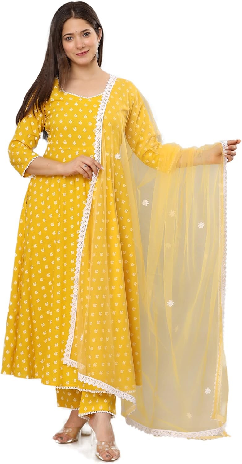 miss fame Women’s Cotton Anarkali Kurta with Pants and Dupatta