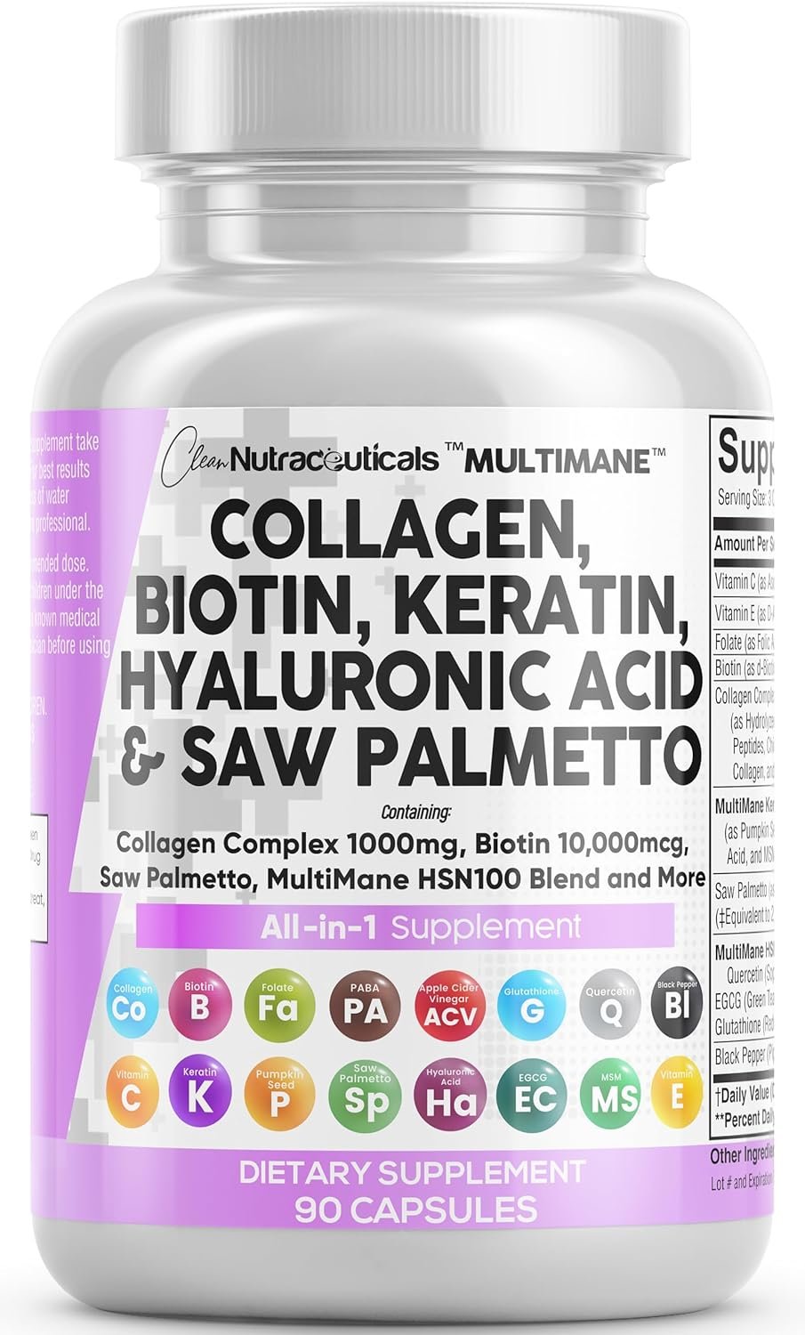 Clean Nutraceuticals Collagen Pills 1000mg Biotin 10000mcg Keratin Saw Palmetto Hyaluronic Acid – Hair Skin & Nails Vitamins & DHT Blocker with Vitamin E Folic Acid Pumpkin Seed MSM – 90 Count