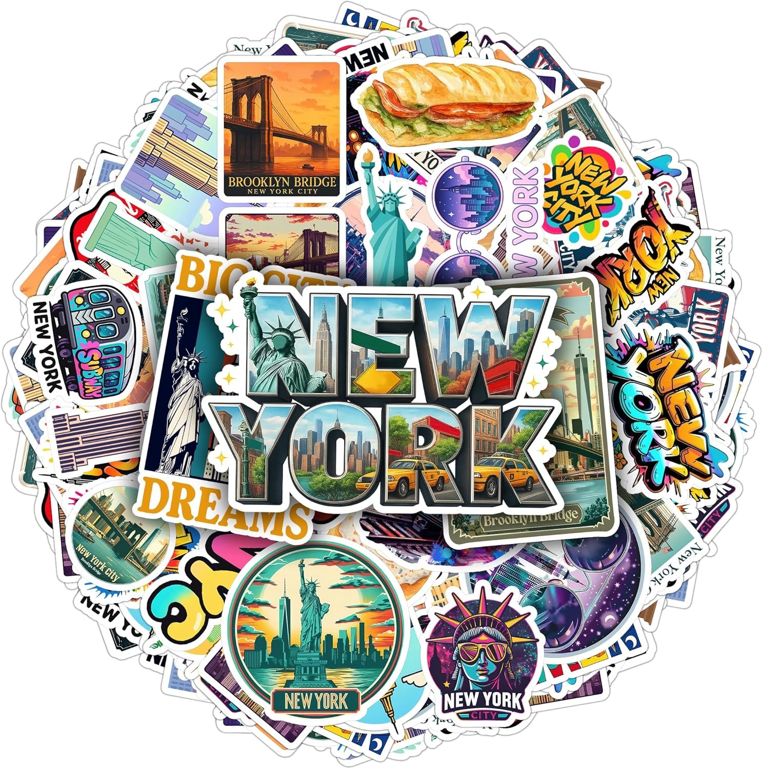 100 Pieces Newyork Life Stickers Travel Sticker Vinyl Waterproof for Kids Adults Car, Wall Decor Decal, Hard hat Scrapbook Laptop Phone Birthday Christmas Adults Kids Gifts