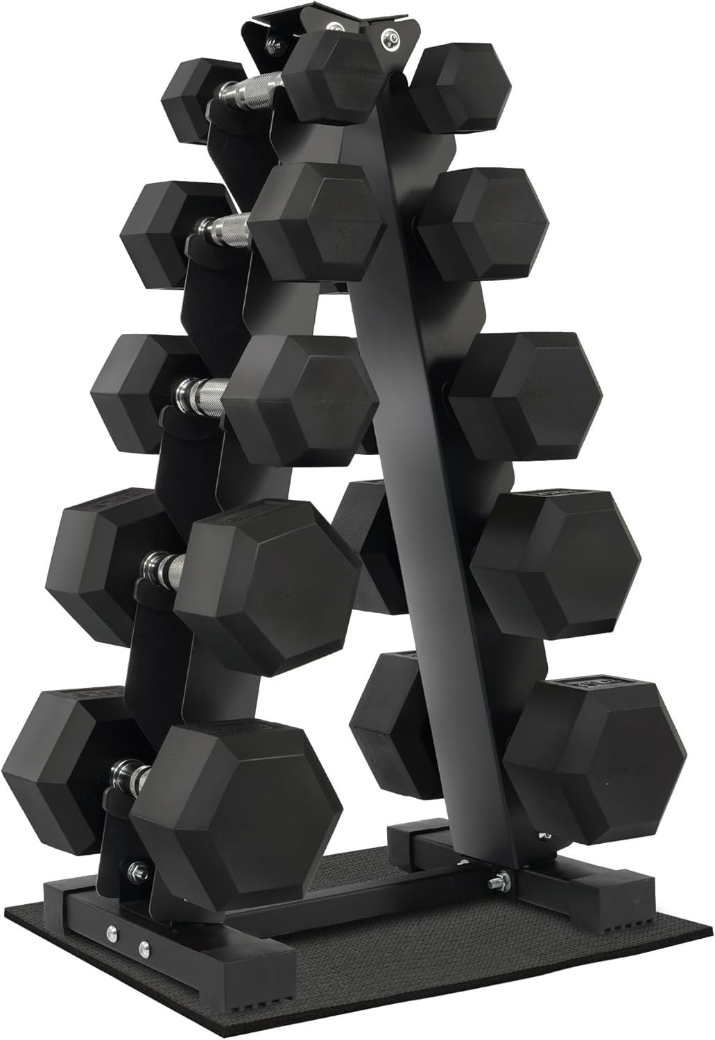 Fitvids Rubber Coated Hex Dumbbell Weight Set and Rack â€“ Dumbbell + A-Rack: 150lbs (5-25lbs Pairs) â€“ Black