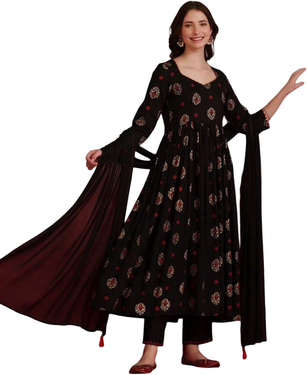 Women’s Traditional Indian Rayon Anarkali Printed Kurta with Pant & Dupatta