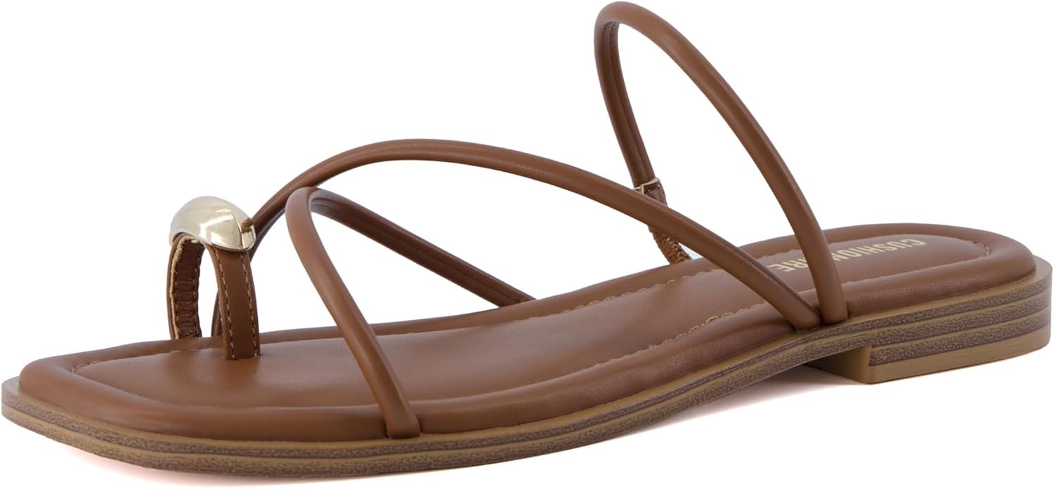 CUSHIONAIRE Venue Women’s Strappy Toe-Loop Slide Sandals with Gold-Tone Accent & Memory Foam Comfort