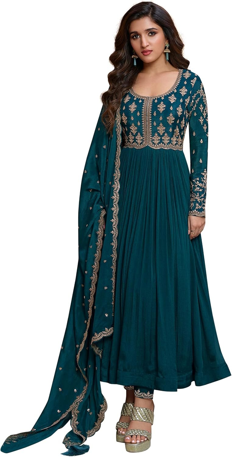 TRENDMALLS Women’s Silk Blend Embroidery Anarkali Kurta Pant Set with Dupatta (G334-Morpeach-M)