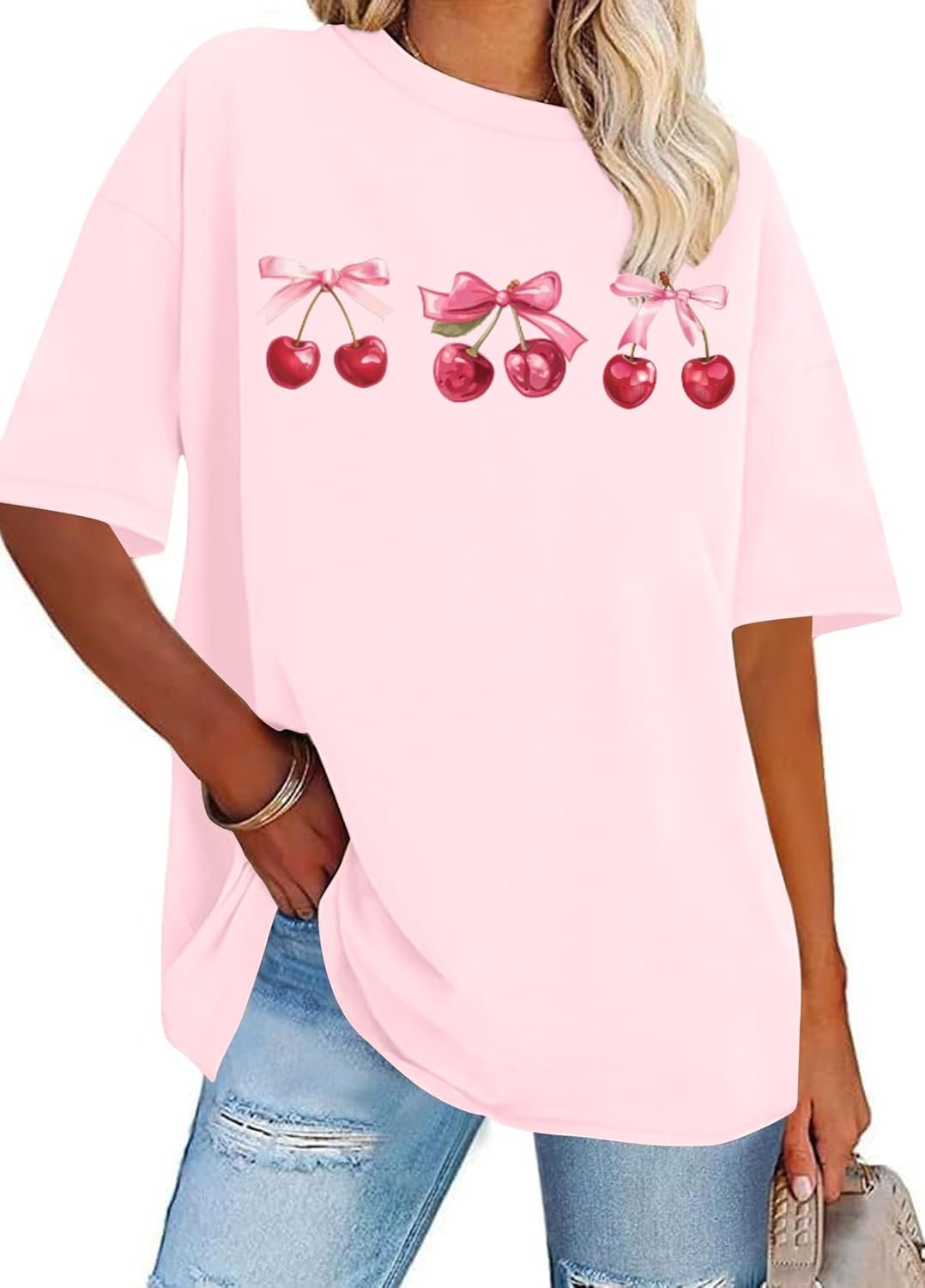 Oversized Graphic Tees Vintage Cherry Print T Shirts Casual Summer Short Sleeve Top Cotton Cute Fruit Tee Shirt for Women