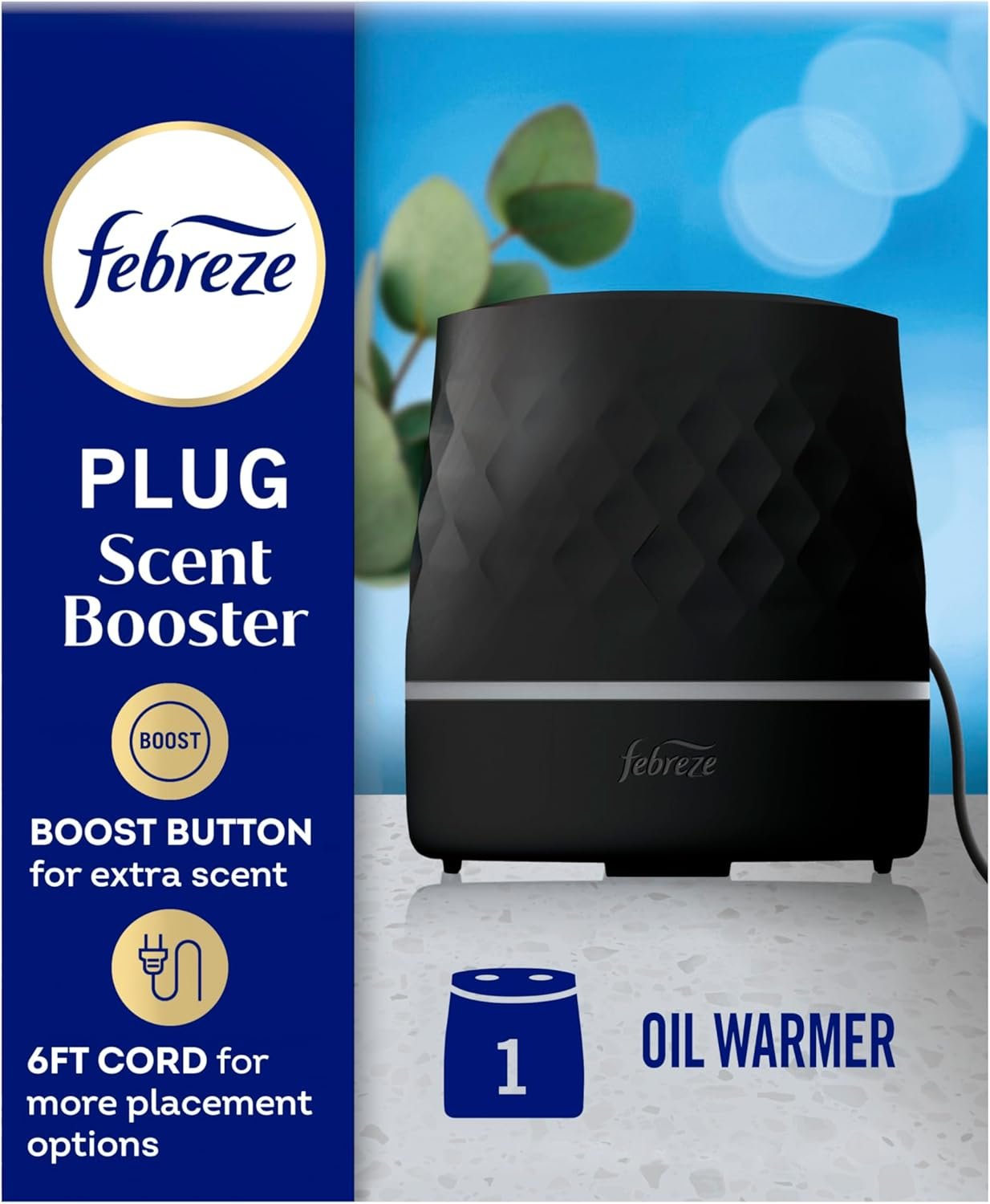 Febreze Plug Scent Booster in Black, Continuous Scent Device Oil Diffuser, Compatible with Febreze Air Freshener Plug in Refills, Giftable for Holidays
