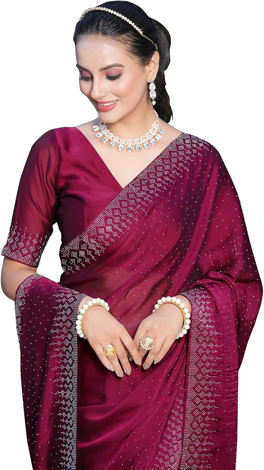 Women’s Georgette Dyed & Hot Fixing Saree with Unstitched Blouse Piece