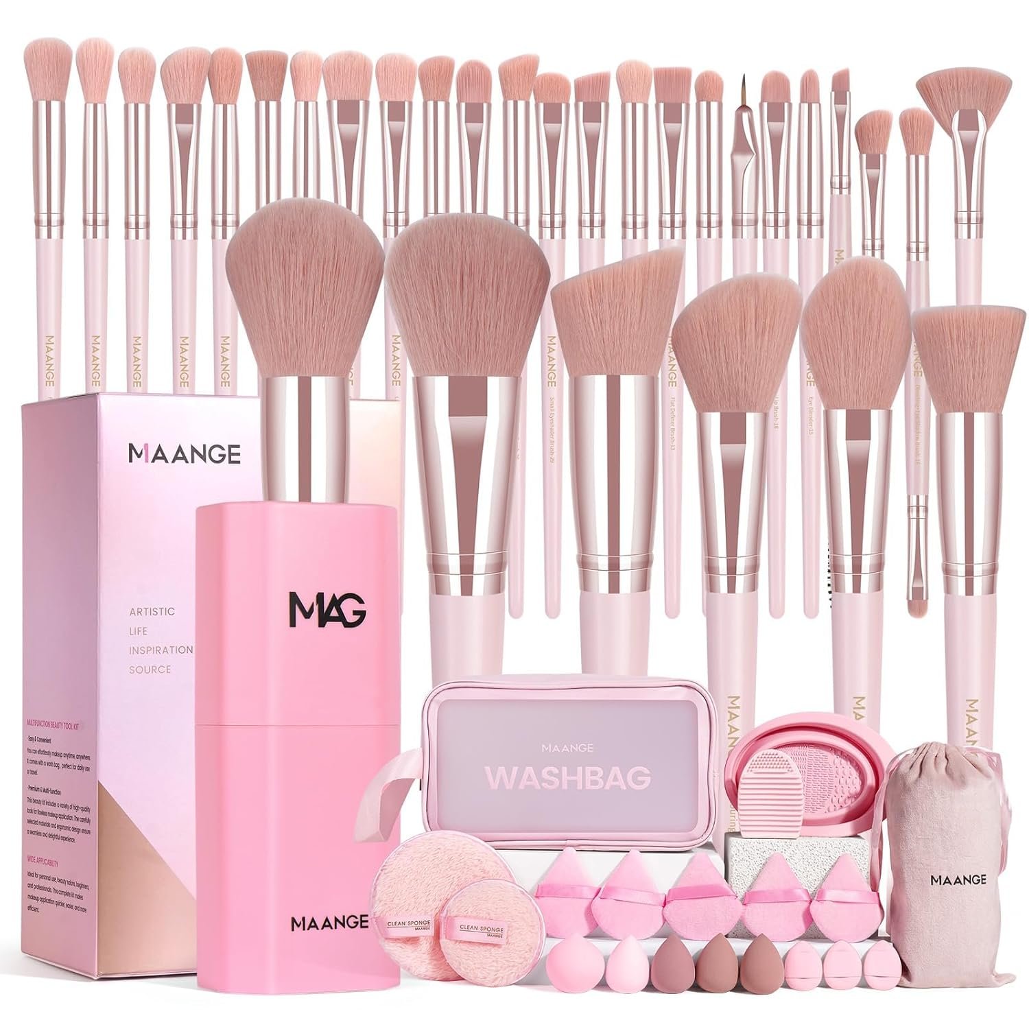 MAANGE Makeup Brush Set 51 PCS Professional Makeup Brushes for Foundation Powder Concealers Eye shadows Blending Blush Travel Make up Brush Kit (Pink)