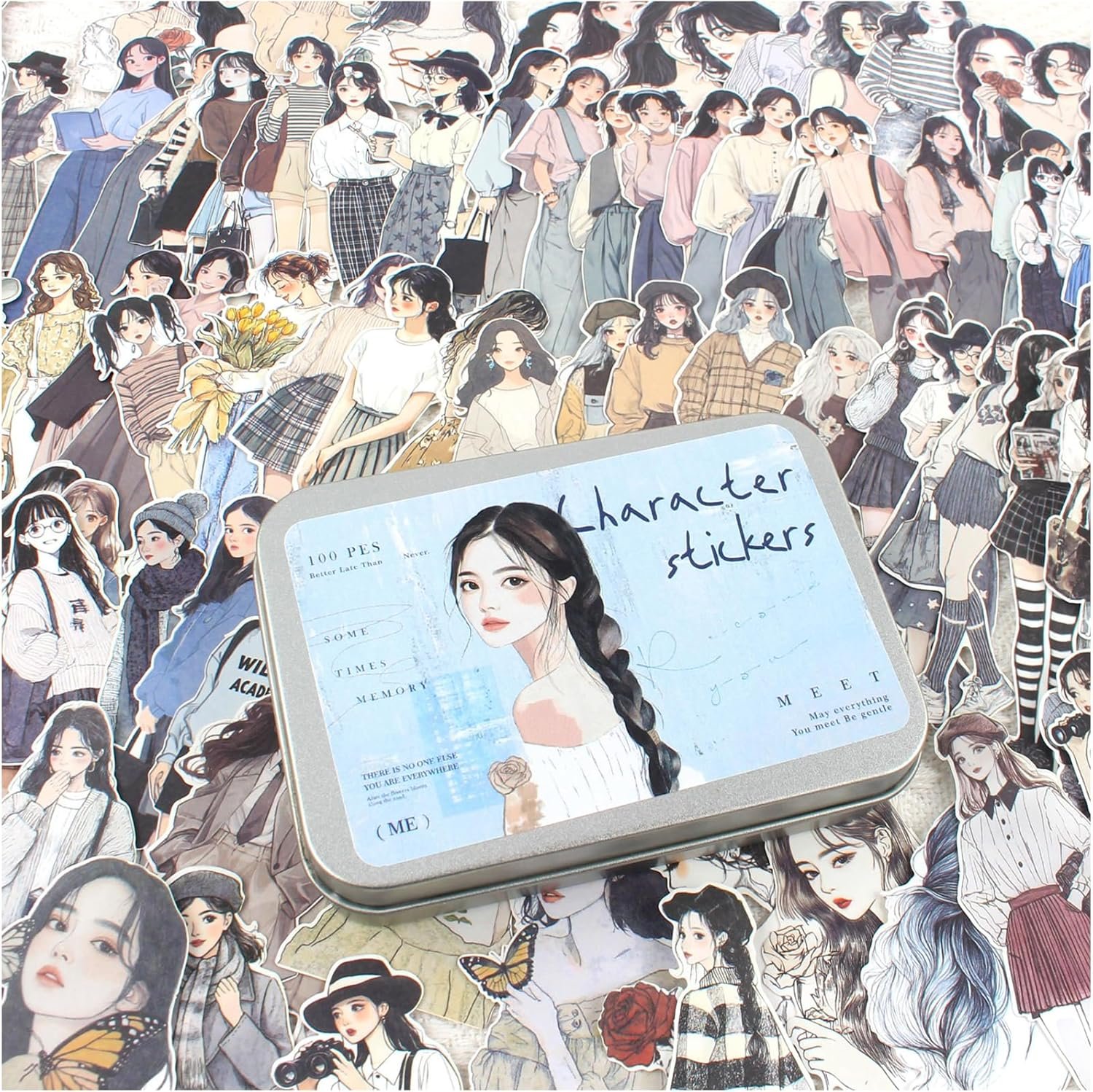 100 Pieces Unique People Journal Stickers for Journaling Adults, Korean Fashion Women with Metal Box, Junk Journal Stickers for Scrapbooking Supplies, Collage, Bujo, Craft Art