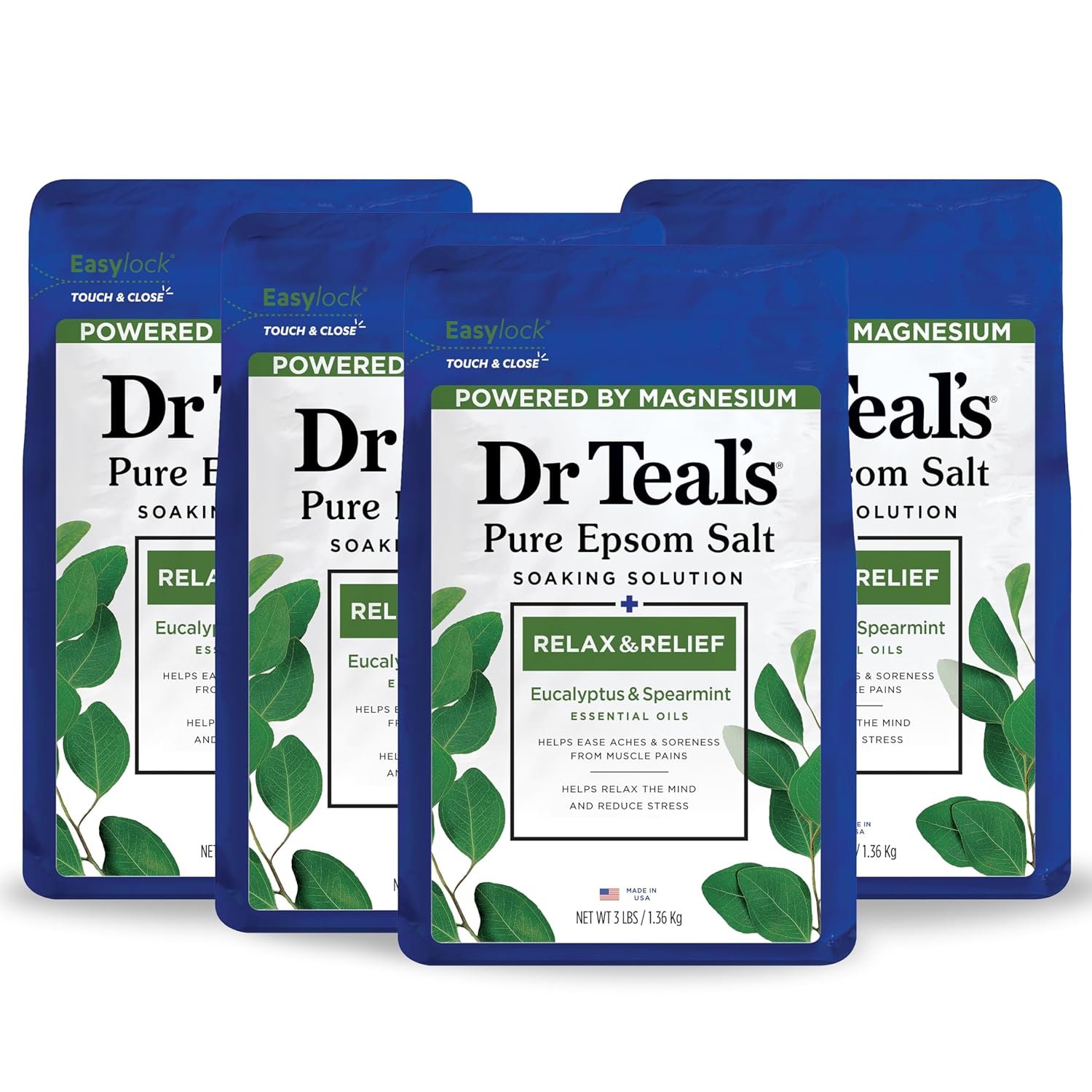 Dr Teal’s Pure Epsom Salt, Relax & Relief with Eucalyptus and Spearmint, 3 lb (Pack of 4)