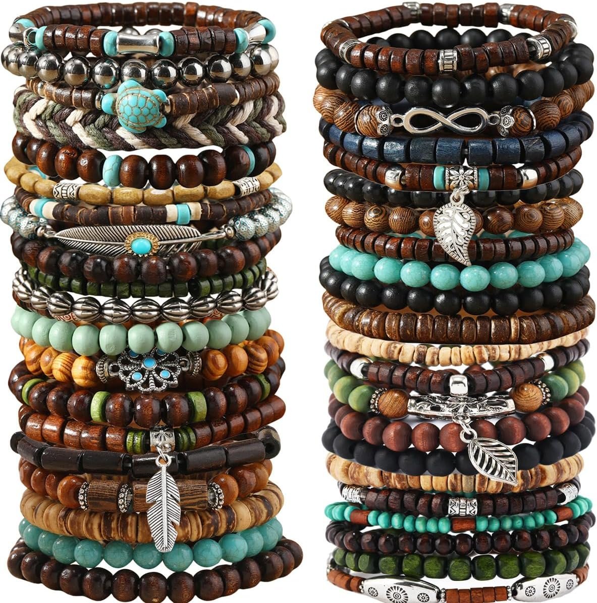 SONNYX 43Pcs Punk Wooden Beads Bracelets Gothic Bracelet for Men Adjustable Vintage Beaded Bracelet Metal Set Wood Bangles Wristbands Commemorative Gift