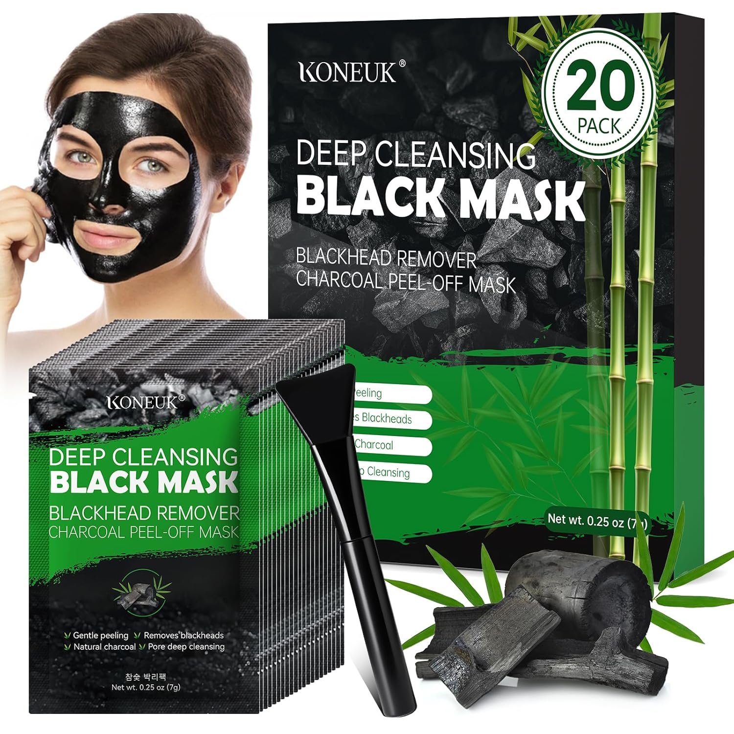 20 Pack Blackhead Remover Mask Set, Charcoal Peel Off Black Face Mask with Brush, Blackhead Pore Acne Remover for Face and Nose, Deep Cleansing for Men and Women