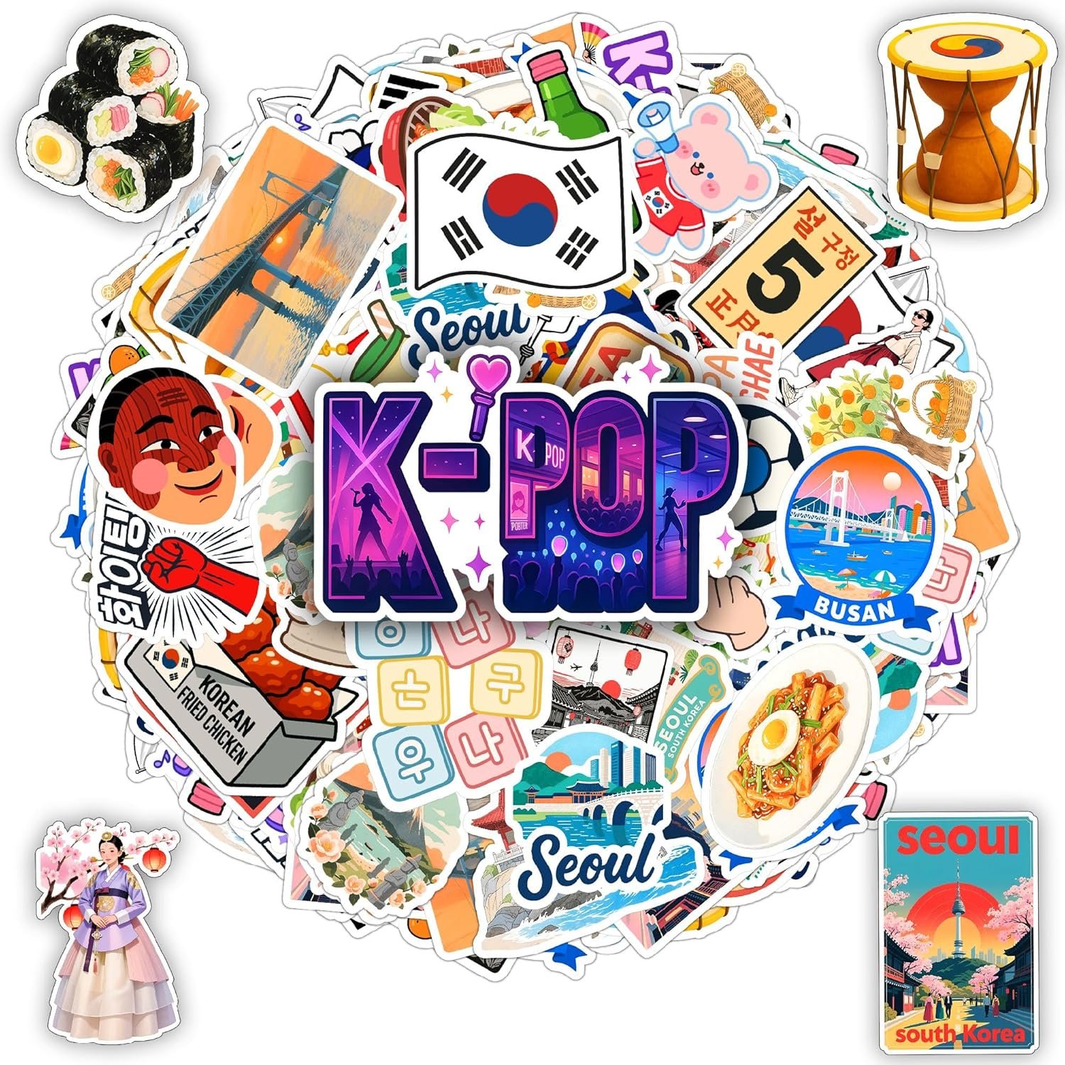 100 PCS South Korea Stickers – Korean Travel Icons, Food & Culture Vinyl Waterproof Decals for Laptop, Scrapbook, Water Bottle, Car, Guitar – Fun Gift for Teens & Adults