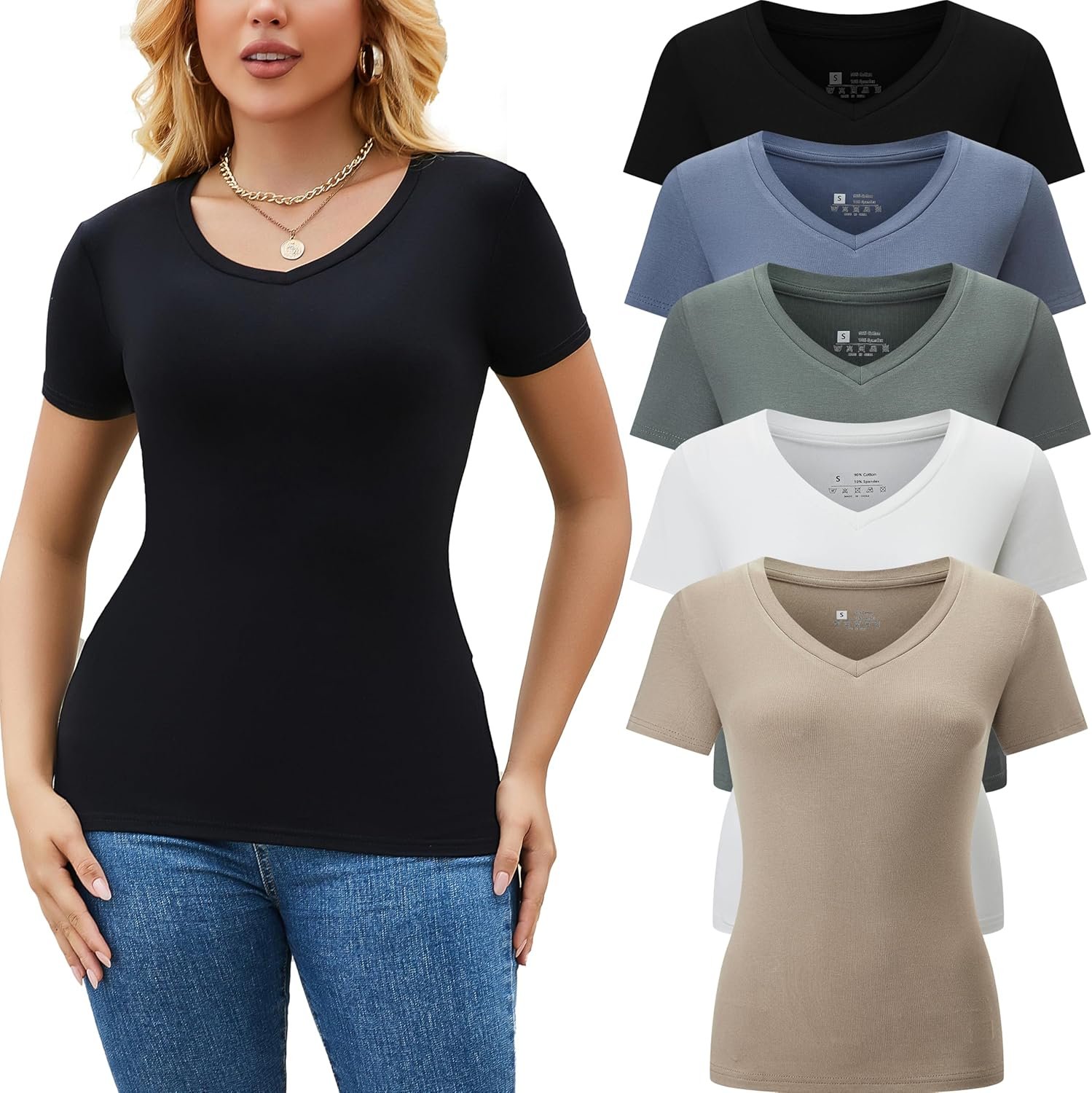 5 Pack Womens T Shirts Short Sleeve Basic Tees V Neck Fashion Tops Slim Fit Casual Summer Outfits Clothes 2025
