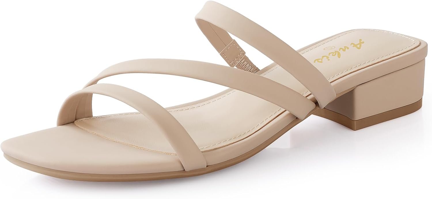 Ankis Black Nude White Strappy Heels Women 1 Inch Low Chunky Block Heel Heeled Sandals Square Open Toe Slip On Slides Mules