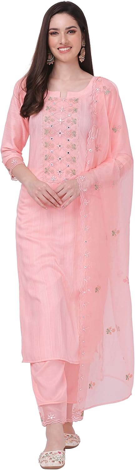 TRENDMALLS Women’s Cotton Embroidery Salwar Suit Set Kurta Pant with Dupatta Kurta Set for Women