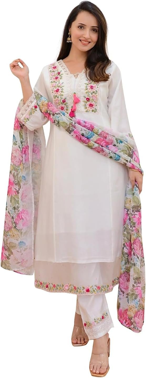 zomiconice Women’s Kurta Set Viscose Silk Embroidery A-line Kurta Pant Salwar Suit Set Kurta Set for Women