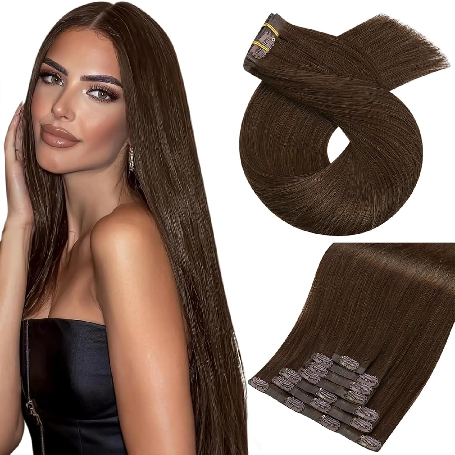 Moresoo Invisible Seamless Clip in Hair Extensions Real Human Hair Medium Brown Clip in Extensions for Long Hair Extensions Medium Brown for Women Pu Skin 120g/7pcs 22 inch
