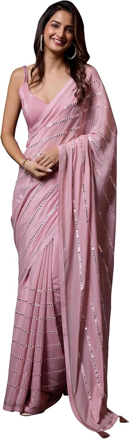 TRENDMALLS Women’s Silk Paper Mirror Work Embroidery Saree