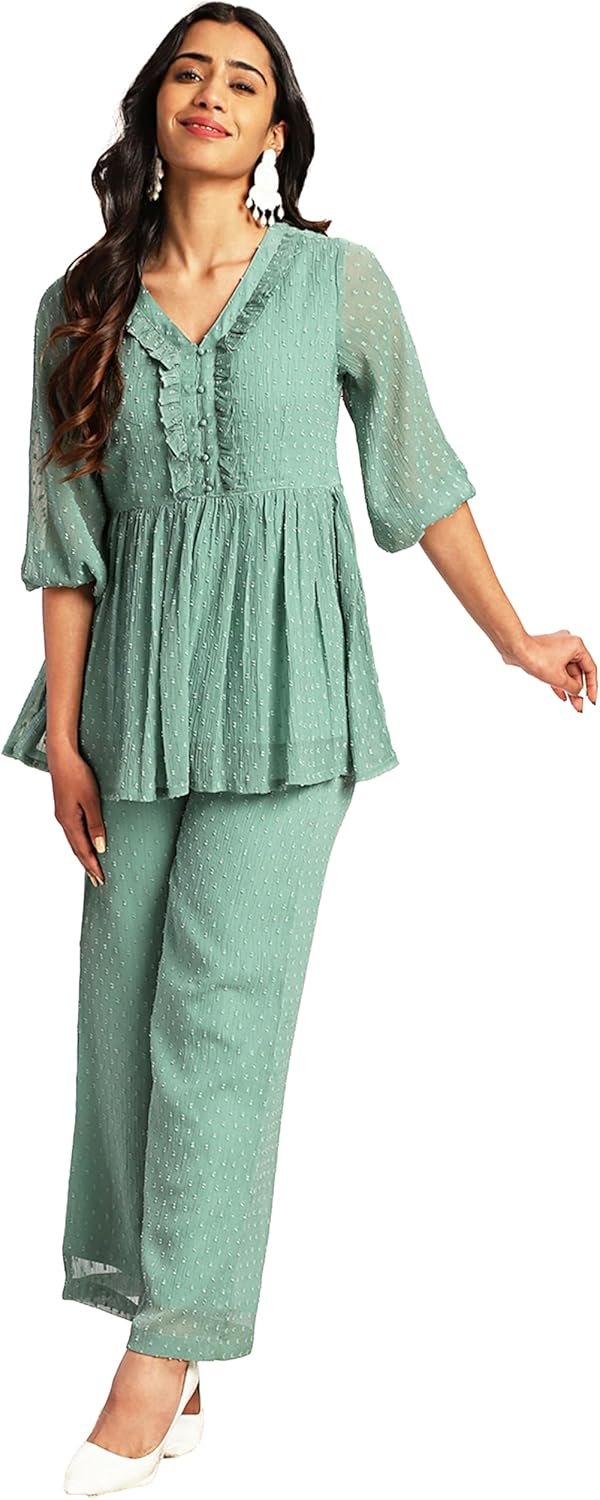 Janasya Indian Women’s Chiffon Sage Woven Design Casual Wear Co-ord Set for Women