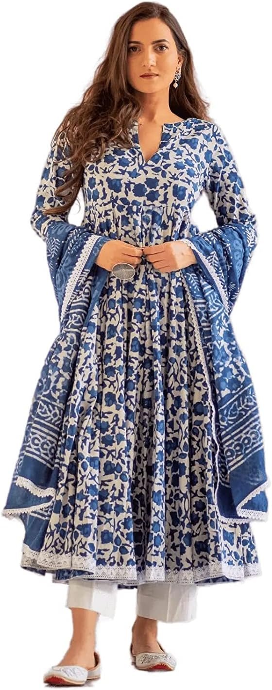 Meera Fab Women’s Cotton Printed Blue Anarkali Kurta With Palazzo & Dupatta