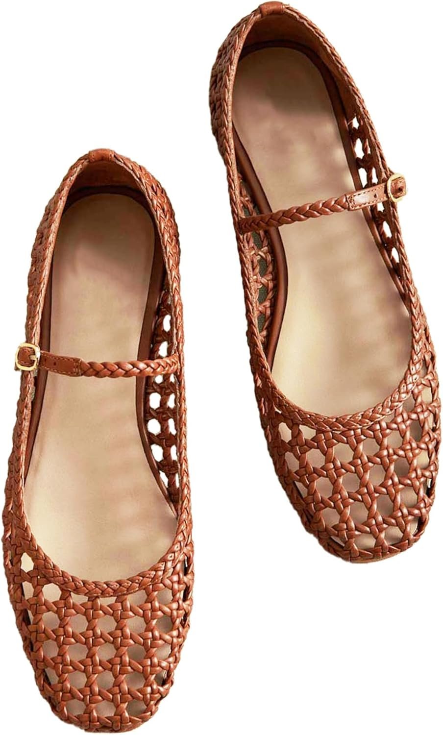 Woven Mesh Ballet Flats for Women with Metal Buckle Strap Ballerina Flat Shoes Comfortable Round Toe Mary Jane Flat Brown., 6