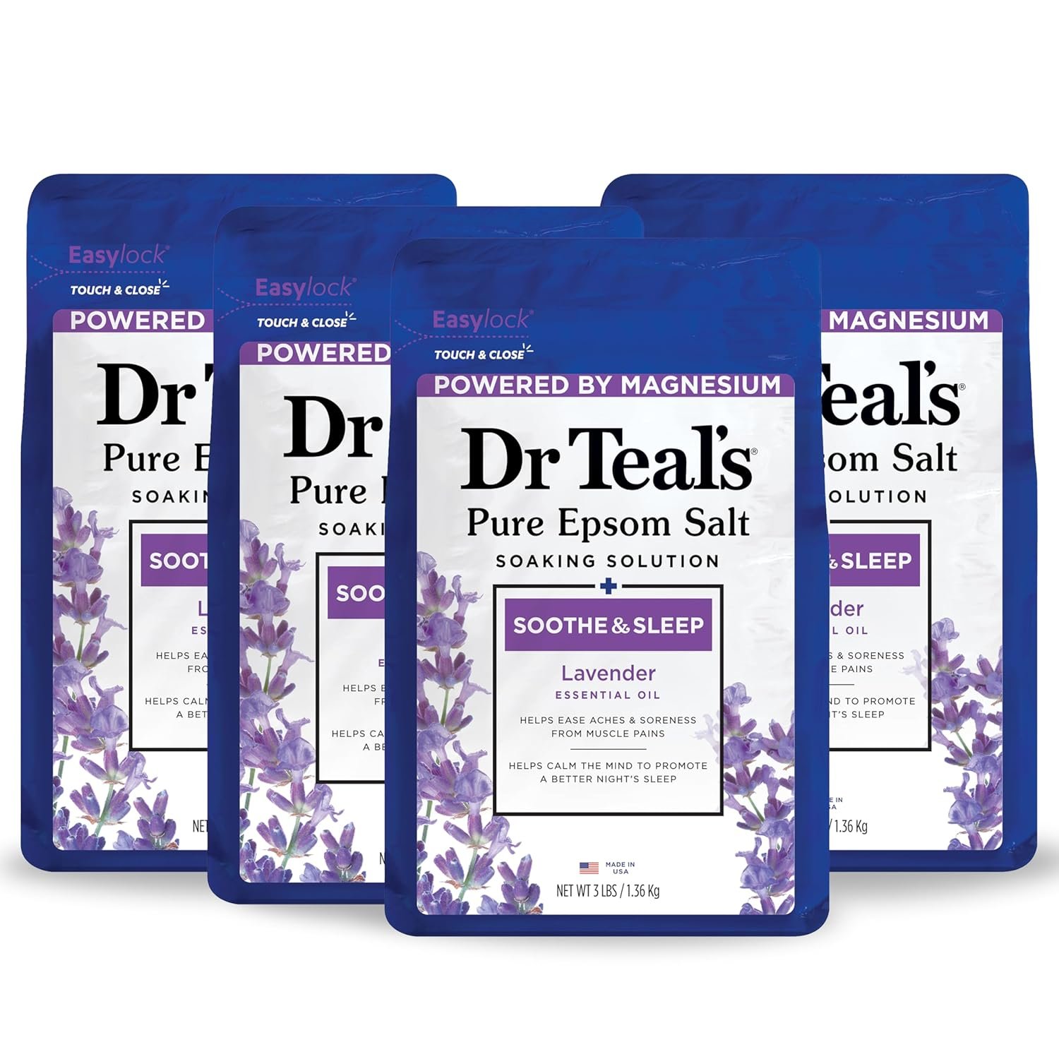 Dr Teal’s Pure Epsom Magnesium Salt Soak, Soothe & Sleep with Lavender, 3 lb (Pack of 4)