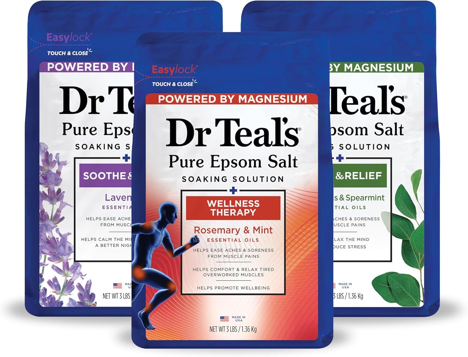 Dr Teal’s Pure Epsom Salt, Lavender, Eucalyptus & Wellness Trio Bundle, 3 lbs (Pack of 3)